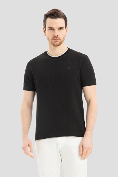 Sabri Özel Bisiklet Yaka Dokulu Örme Erkek T-Shirt Siyah