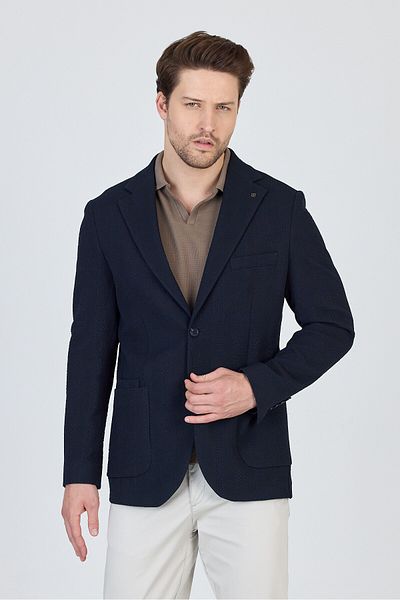 Frappoli Vitanes Men's Navy Blue Unlined Soft Plaid Stretching Fabric Lycra Sports Blazer Jacket