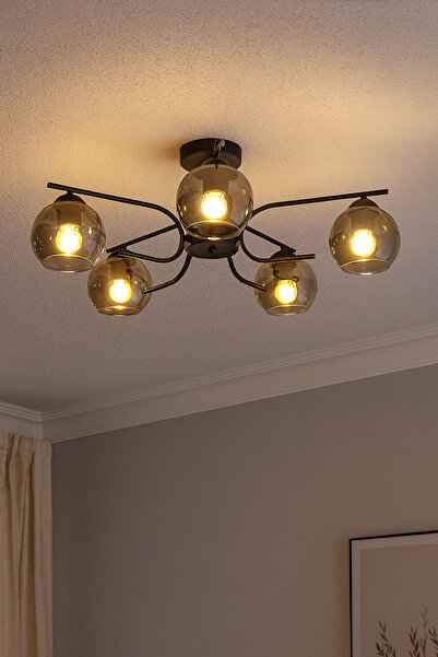 Modavize Aloha Modern Tasarım Salon Yatak Odası Mutfak Siyah Renk Füme Camlı 5 li Avize