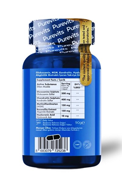 Purevits Glucosamine - Chondroitin - MSM – Boswellia - Hyaluronik Asit - 60 Adet Tablet