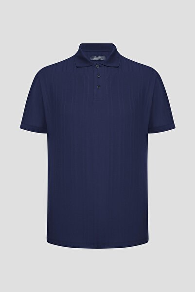 Sabri Özel Buttoned Jacquard Patterned Polo Neck Men's T-Shirt Navy Blue