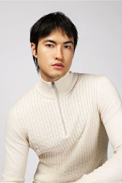 Kiğılı Half Turtleneck Regular Fit Zippered Patterned Cotton Knitwear Sweater