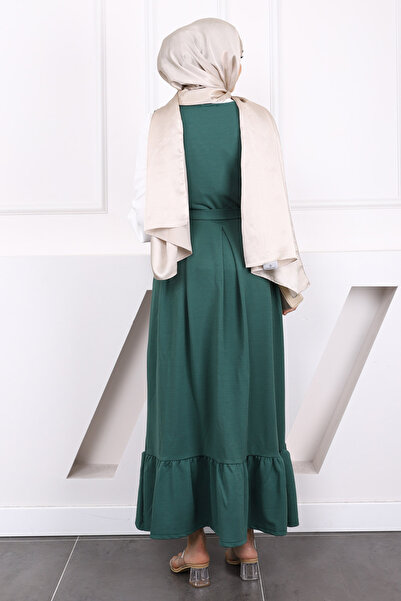 İmajButik Khaki Belted Blouse Combination Gilet Dress