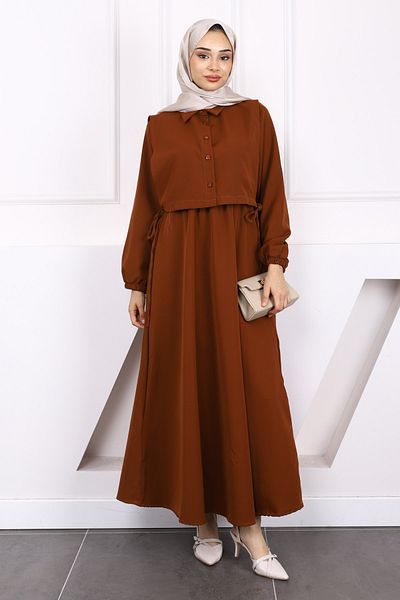 İmajButik Brown Shirt Sweater Dress Combination Set