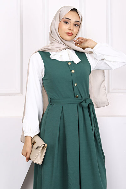 İmajButik Khaki Belted Blouse Combination Gilet Dress