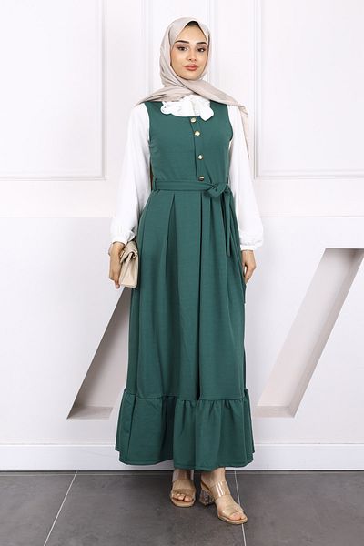 İmajButik Khaki Belted Blouse Combination Gilet Dress