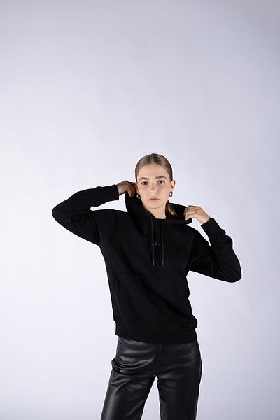 Nordbron Women's Black Pocket Knitted Long Sleeve Casual Sweatshirt Soft Textured Hooded Seasonal Mund