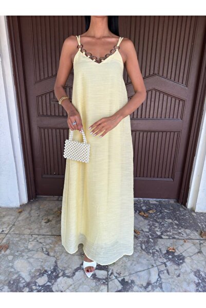 Esinty Trend Γυναικείο λινό φόρεμα με λεπτομέρεια με δαχτυλίδι στο στήθος