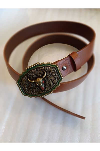 Butik Tülin Unisex Authentic Genuine Cowhide Leather Tan Bronze Buffalo Skull Cowboy Buckle Belt