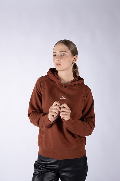 Nordbron Women's Brown Kangaroo Pocket Soft Textured Hooded Cotton Seasonal Logo Mund Sweatshirt