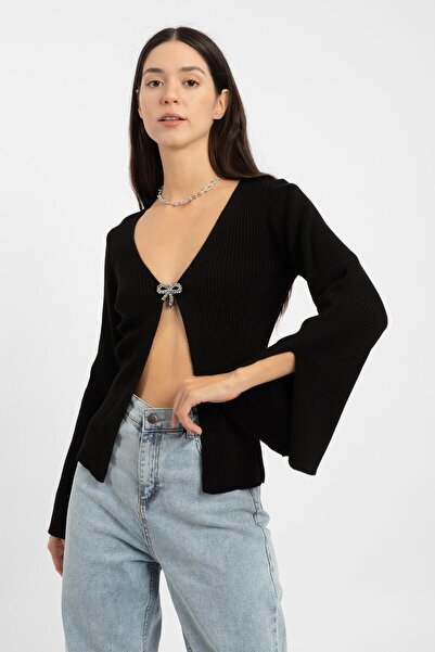 RTD&VLD Women's Vita S154 Bow Stone Detailed Ribbed Slit Spanish Sleeve Knitwear Cardigan / Blouse Black