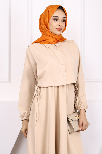 İmajButik Σετ Μπεζ Πουκάμισο Μπλουζάκι Φόρεμα Συνδυασμός