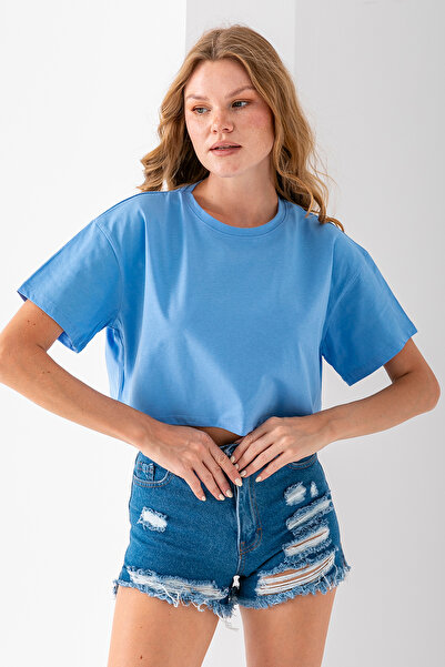 GİYSA Γυναικείο μπλουζάκι με λαιμόκοψη Casual Basic Μπλε - 925007