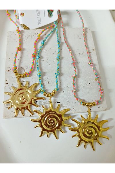mos&more Steel Gold Sun Blue Chain Elegant Necklace