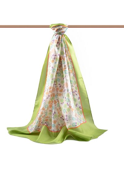 Vissona 100% Silk Crispy Flower Patterned Pistachio Green Colored 92X210 Shawl