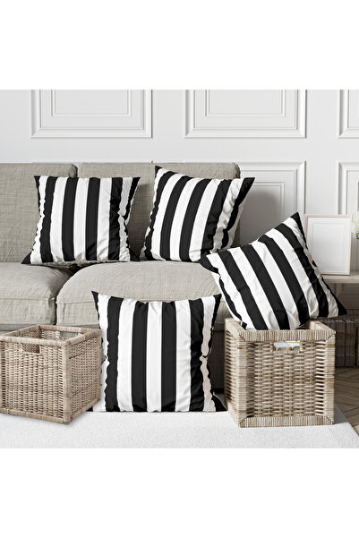 Alkan Homes غطاء وسادة رمي حديث مخطط باللون الأسود مكون من 4 قطع