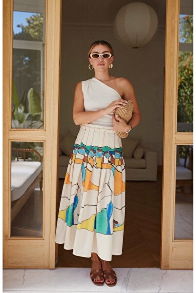 BRTC design Women's Beige Zigzag Stitched Pleated Patterned Skirt