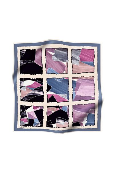 Vissona Baby Blue Geometric Print Twill Silk - 90X90 Scarf, Hand Stitching Pink