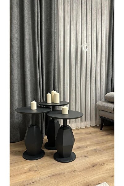 Gold Design Prizma Model Antrasit Renk Üçlü Yan Sehpa Zigon