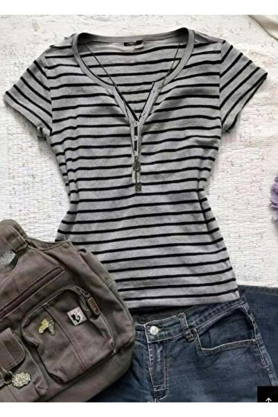 Karakedi أسود رمادي مخطط بأزرار قصيرة الأكمام المحاصيل