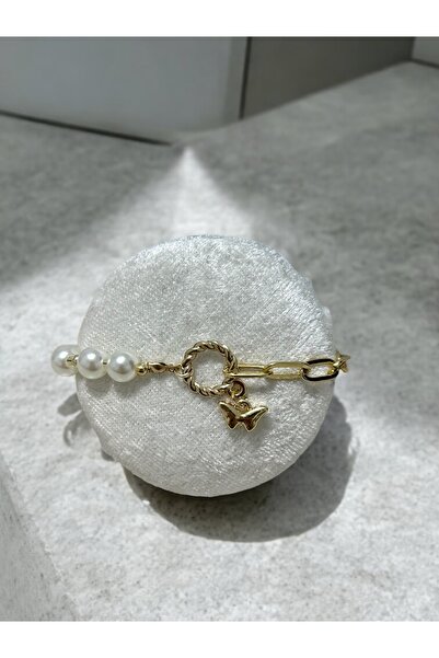 MAC CENTER Pearl Stone Butterfly Detail Gold Color Steel Women's Bracelet