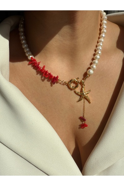 LUSORA ACCESORY Doğal Barok İncili Kırmızı Mercan Taşlı El Yapımı Altın Kapla...