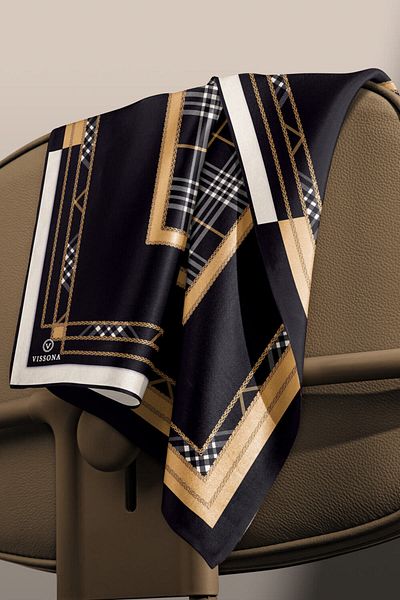 Vissona 100% Twill Silk Plaid Patterned Gold Colored 90X90 Scarf Sewing Shape: Hand Sewing