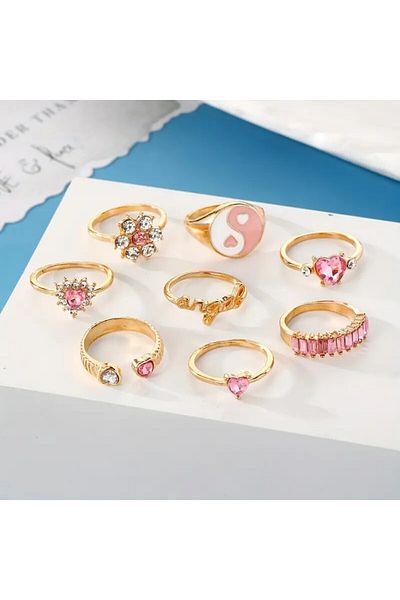 Perry Accesories 7 Pieces of Gothic Style Teddy Bear and Butterfly Figure Snake and Flower Motif Adjustable Set Ring Combination