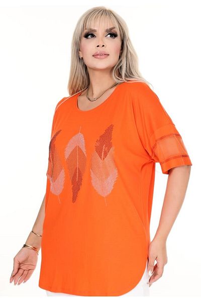 Kheos Stone Printed Leaf Pattern Tulle Striped Short Sleeve Round Neck Comfortable Lycra Flexible Plus Size Blouse