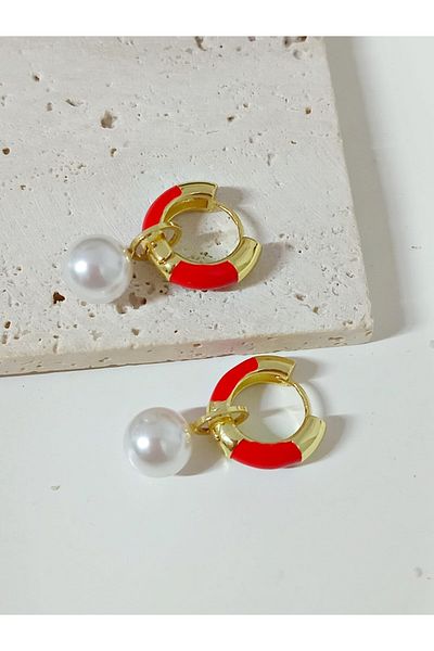 mos&more Steel Burgundy Small Pearl Hoop Earrings