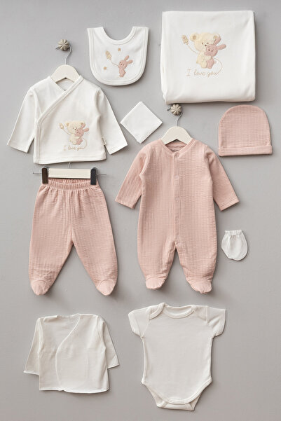 Bebitof My Baby Kumsal 100% Cotton 10-Piece Hospital Release New Swaddling Teddy Bear Patterned 10099 Pink