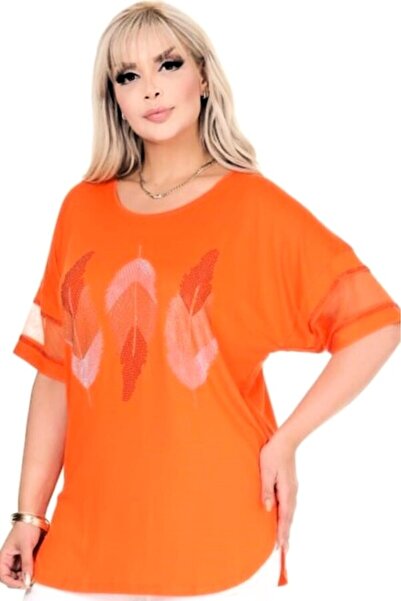 Kheos Stone Printed Leaf Pattern Tulle Striped Short Sleeve Round Neck Comfortable Lycra Flexible Plus Size Blouse