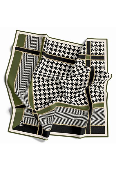 VİOLLA Khaki Colorful Twill Houndstooth Pattern 90X90 Silk Free Scarf
