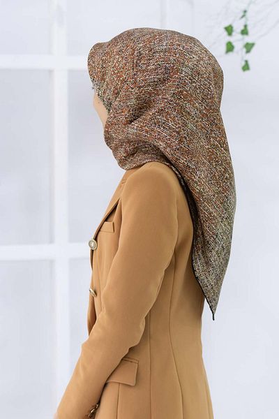 Vissona Brown Silk Textured Twill Pattern - Pistachio Green 90X90 Scarf Hand Stitched