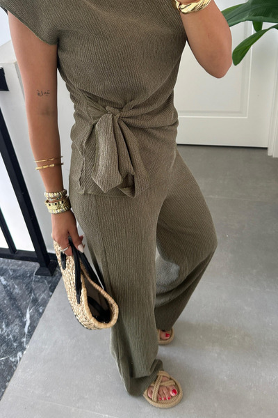Paw Garage Women's Sienna Lacing Khaki Detailed Crinkle Fabric Blouse Trousers Set