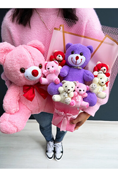 lenostra Sevgiliye Hediye Büyü Mor Ayıcıklı Ayıcık Buketi ve 35cm Pembe Ayıcı...
