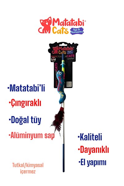 MATATABİ CATS Al. Saplı Wormy Kedi Oltası, Sesli Peluş Kedi Oyuncaklı - Doğal...