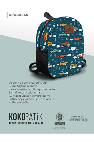 Kokopatik Kişiye Özel İsimli - Arabalar Desenli Orta Boy Kreş Çantası