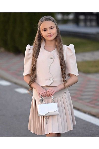 By Feyza Kids Collection By Feyza Girl's Beige 3-Piece Set-Jacket with Stones, Pleated Skirt, Bag Combination-Age 5-12