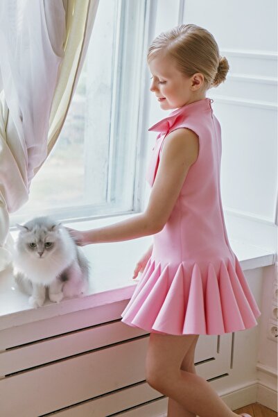 By Feyza Kids Collection By Feyza Kız Çocuk Pembe Kısa Pileli Elbise Taş Fiyonklu Toka Hediye Doğum Günü Düğün 2-10 Yaş