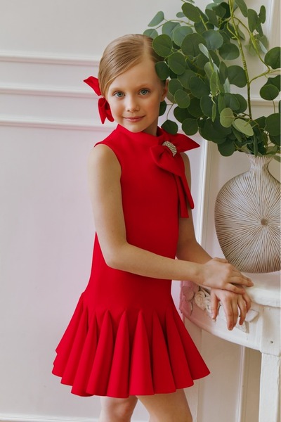 By Feyza Kids Collection By Feyza Kız Çocuk Kırmızı Kısa Pileli Elbise Taş Fiyonklu Toka Hediye Doğum Günü Düğün 2-10 Yaş