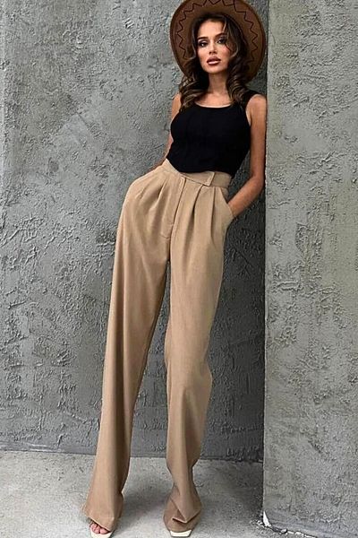 trendalisse Women's Wide Leg Palazzo Trousers - Velcro Pleated Wide Leg