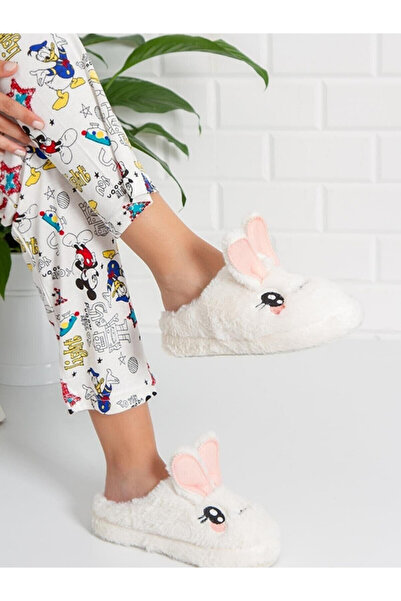 STOCON Papuci de casă pentru femei cu figură de iepure, papuci, fără sunet, talpă albă SM003