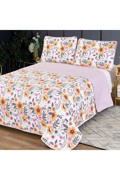 Ralex Quilted Bedspread 230 x 250 cm with 2 Pillowcases 50 x 70 cm, Colorful Flower Pink
