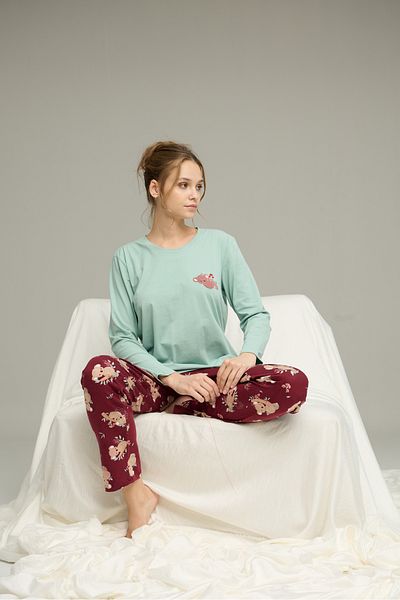 Siyah İnci Green Burgundy Koala Patterned Cotton Crew Neck Knitted Pajama Set 25241156