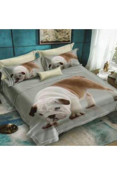 Ralex Double Bed Linen Finet 3D 6 Pieces 220 x 240 cm, French Bulldog Puppies, Beige Gray, Pucioasa FN 3D