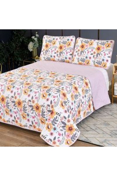 Ralex Quilted Bedspread 230 x 250 cm with 2 Pillowcases 50 x 70 cm, Colorful Flower Pink