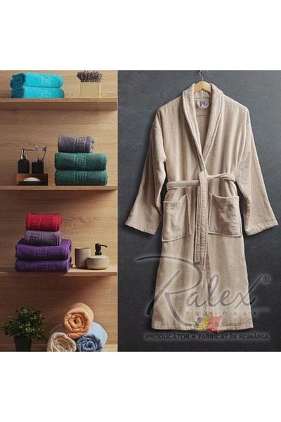 Ralex Halat de baie și SPA Hotel cu guler Kimono, velur 100% bumbac, unisex, 420 gr./mp, maro deschis L / X