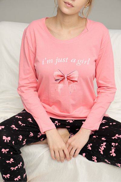 Siyah İnci Salmon Ribbon Pattern Cotton Crew Neck Knitted Pajamas Suit25241132
