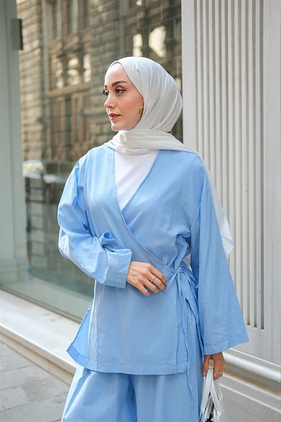 LOCCO Women's Waist Tie Detail Double Suit Blue